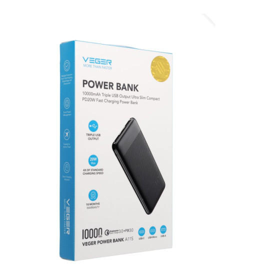 Външна батерия VEGER 10000 mAh PD QC3.0 2A 20W A11S (W1133S)