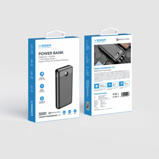 Външна батерия VEGER 30000 mAh PD QC3.0 3A 20W L30 (W3008PD)